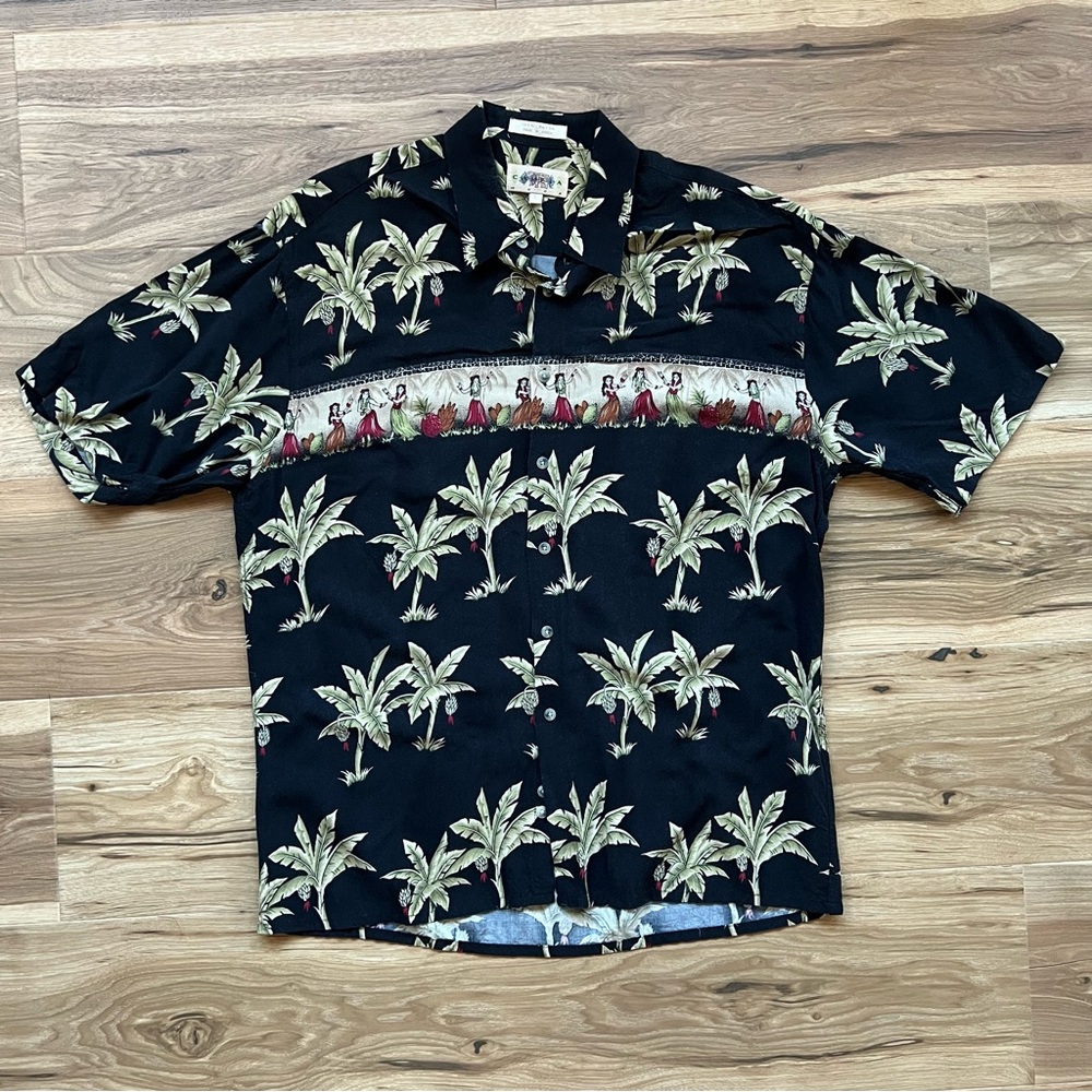 Vintage Hawaiian Hula Girl Luau Large Black Button Down Shirt